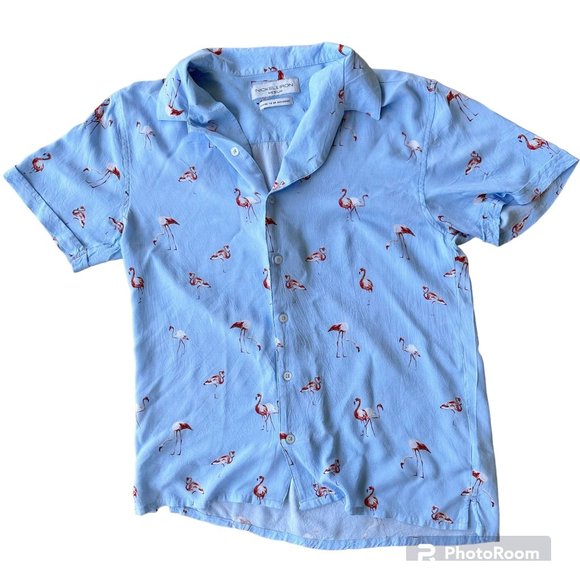 VTG Flamingo Shirt Medium Nickel Iron Blue Front Button Hawaiian Cruise … - Picture 6 of 12